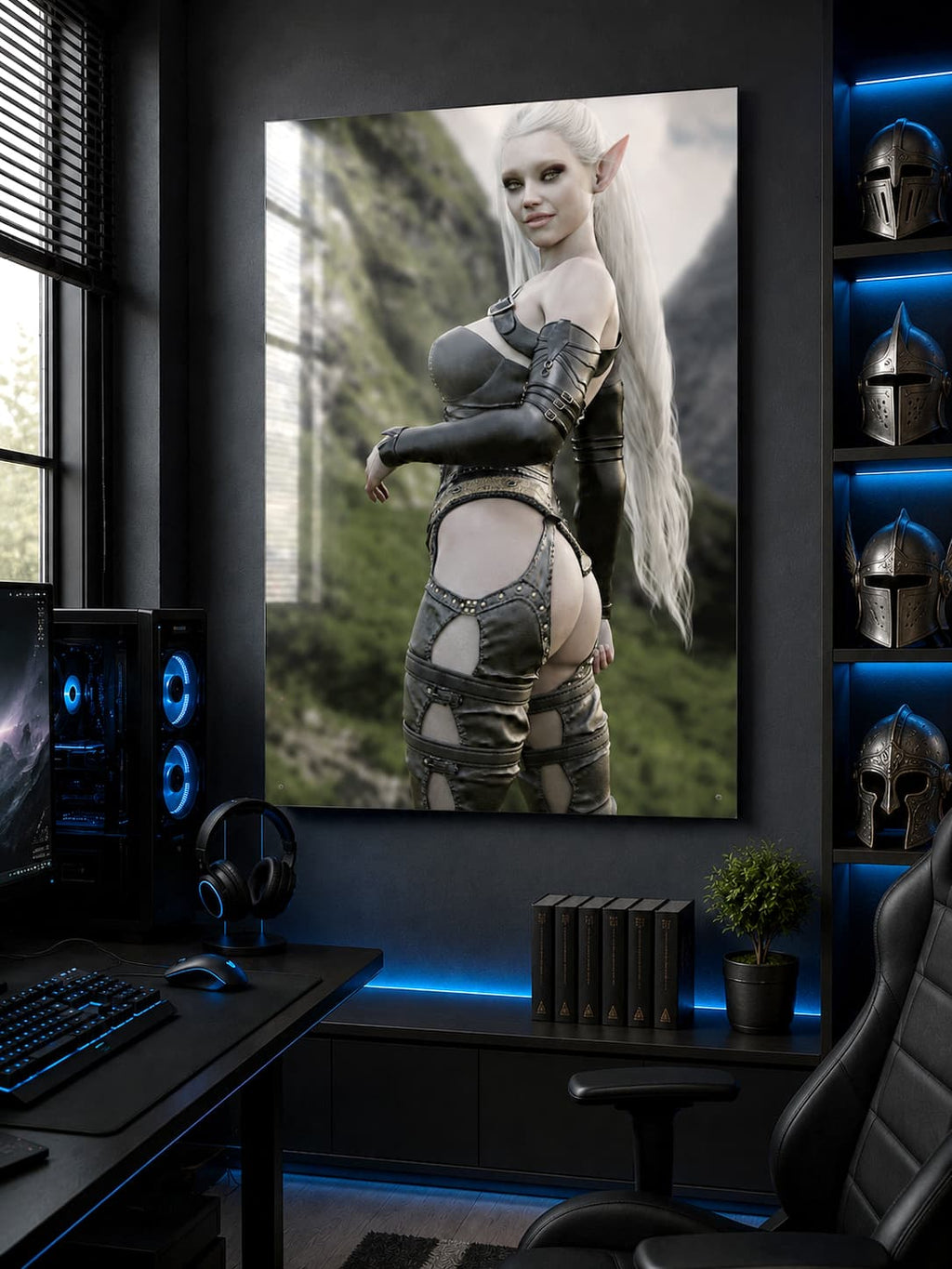 A hand-crafted fantasy illustration of a graceful dark elf warrior with flowing white hair standing before dramatic mountain cliffs. Detailed leather armor, elegant fantasy attire, realistic lighting, and cinematic scenery create an immersive fantasy portrait inspired by classic high fantasy adventures.