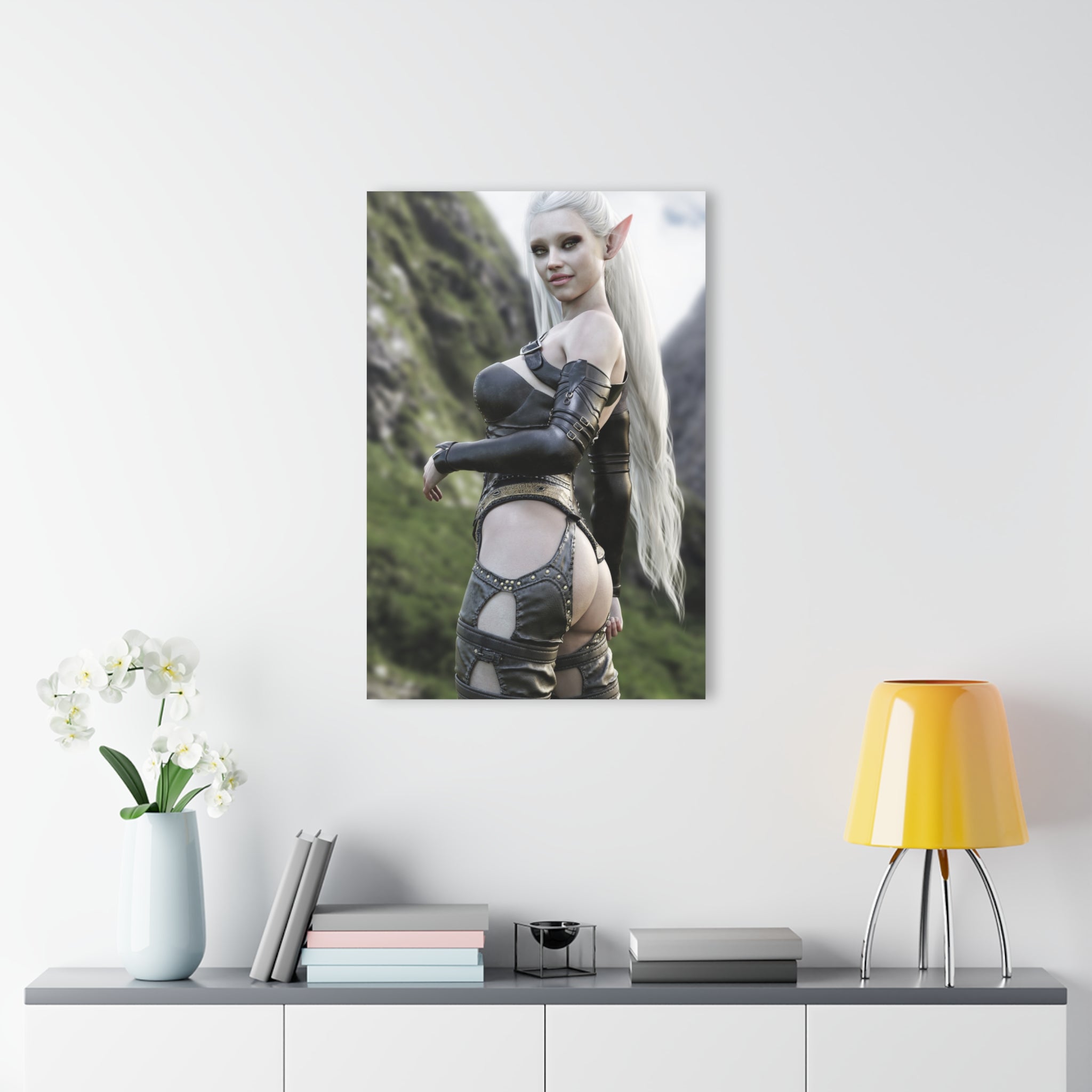 A hand-crafted fantasy illustration of a graceful dark elf warrior with flowing white hair standing before dramatic mountain cliffs. Detailed leather armor, elegant fantasy attire, realistic lighting, and cinematic scenery create an immersive fantasy portrait inspired by classic high fantasy adventures.