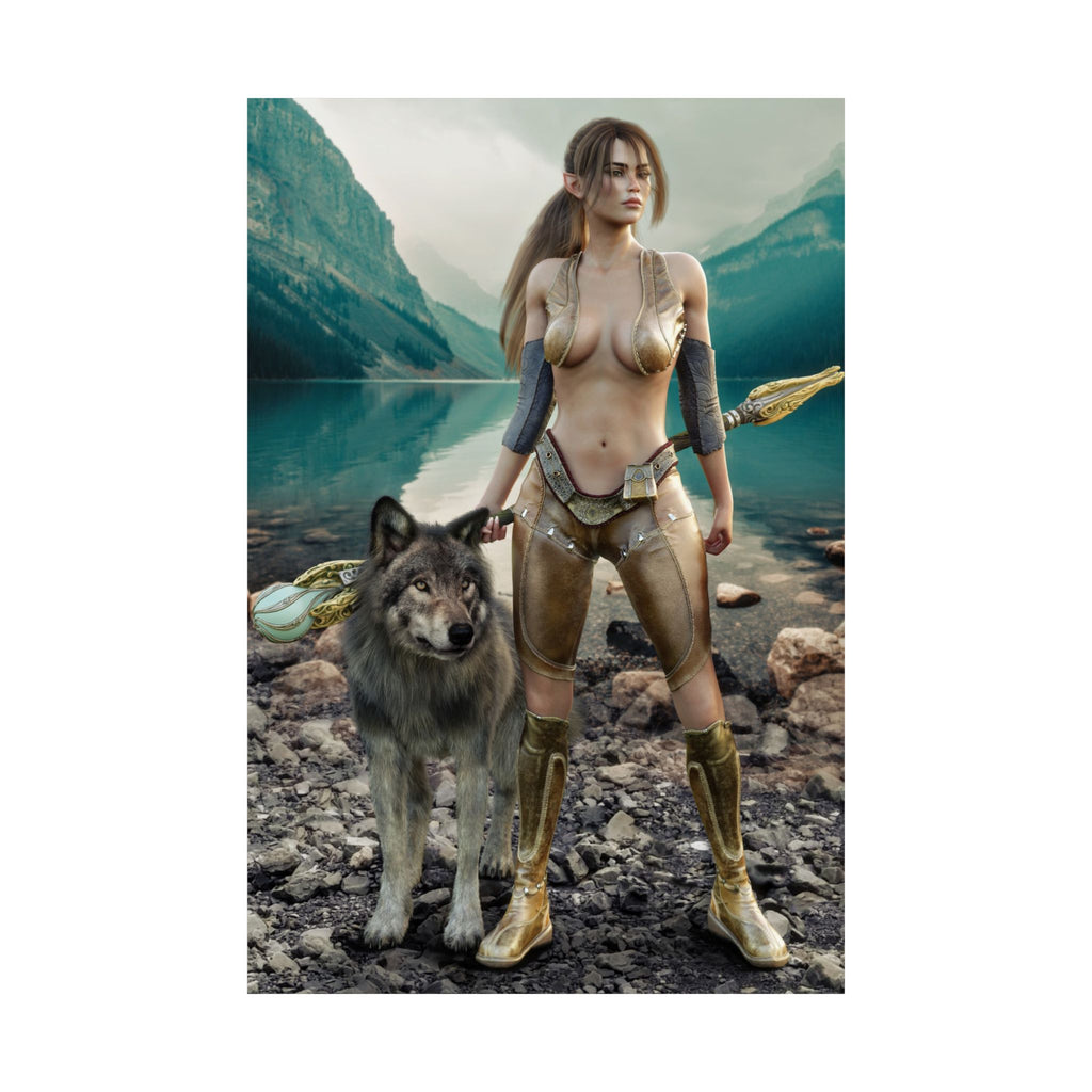 Original handcrafted fantasy artwork of an elven druid standing beside a loyal wolf at a crystal-clear mountain lake while holding an enchanted magical staff.