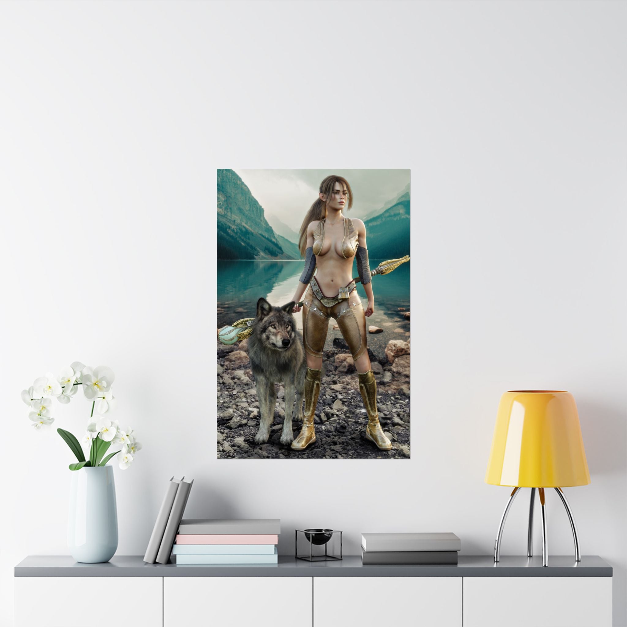 Original handcrafted fantasy artwork of an elven druid standing beside a loyal wolf at a crystal-clear mountain lake while holding an enchanted magical staff.