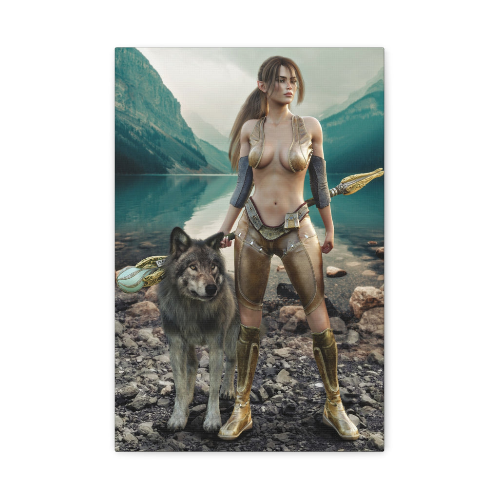 Original handcrafted fantasy artwork of an elven druid standing beside a loyal wolf at a crystal-clear mountain lake while holding an enchanted magical staff.