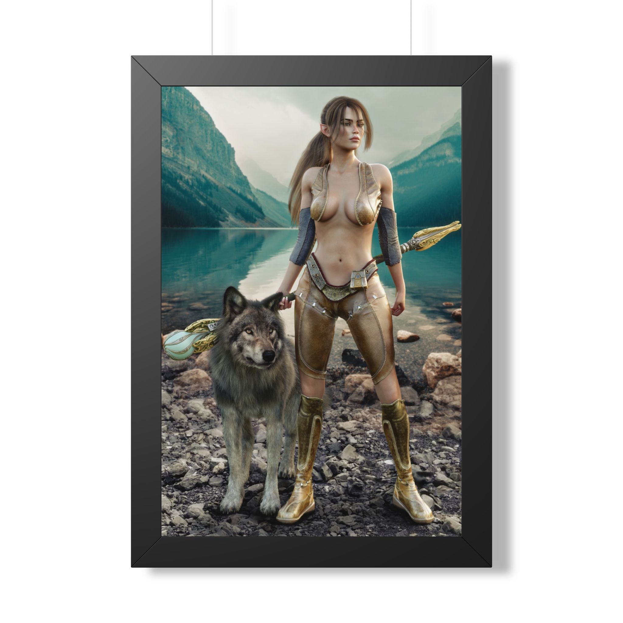 Original handcrafted fantasy artwork of an elven druid standing beside a loyal wolf at a crystal-clear mountain lake while holding an enchanted magical staff.