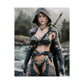 A female fantasy ranger stands beside a mountain river wearing a weathered hood, ornate silver armor, and leather battle gear. A finely crafted sword rests across her back as misty forests and rugged landscapes surround her. Detailed textures, realistic lighting, and a cinematic atmosphere create an immersive fantasy illustration inspired by legendary adventures.