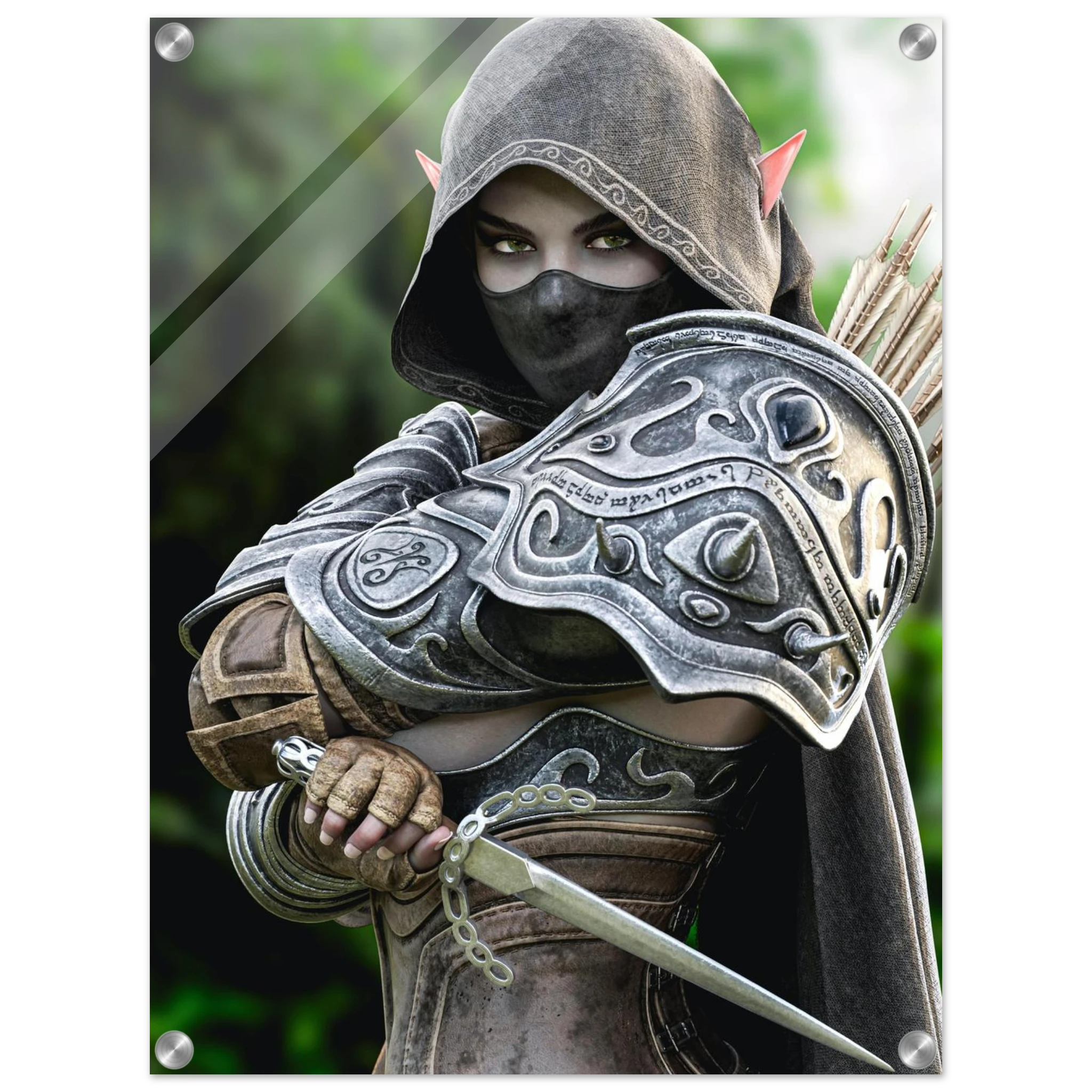 Hooded Dark Elf Rogue Assassin wall art featuring a masked female elven warrior with emerald eyes, engraved silver armor, a razor-sharp dagger, and a quiver of arrows in an enchanted forest. Handcrafted fantasy artwork perfect for gaming rooms, RPG fans, and medieval fantasy décor.