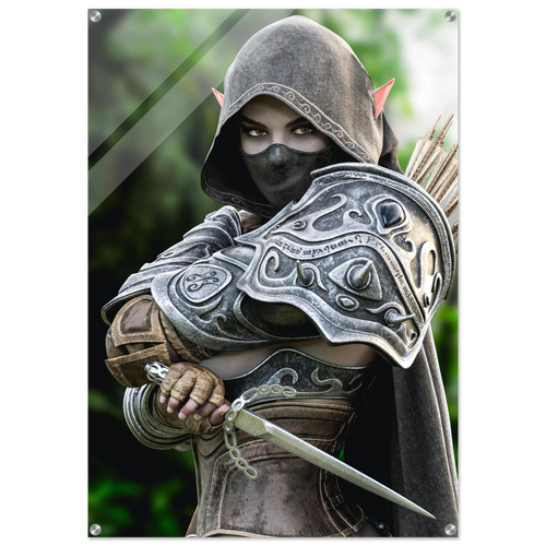 Hooded Dark Elf Rogue Assassin wall art featuring a masked female elven warrior with emerald eyes, engraved silver armor, a razor-sharp dagger, and a quiver of arrows in an enchanted forest. Handcrafted fantasy artwork perfect for gaming rooms, RPG fans, and medieval fantasy décor.