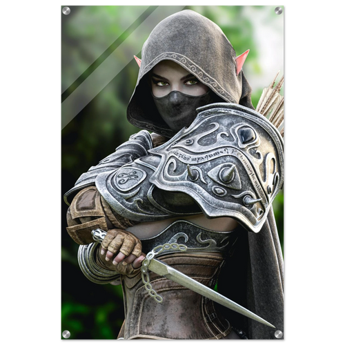 Hooded Dark Elf Rogue Assassin wall art featuring a masked female elven warrior with emerald eyes, engraved silver armor, a razor-sharp dagger, and a quiver of arrows in an enchanted forest. Handcrafted fantasy artwork perfect for gaming rooms, RPG fans, and medieval fantasy décor.