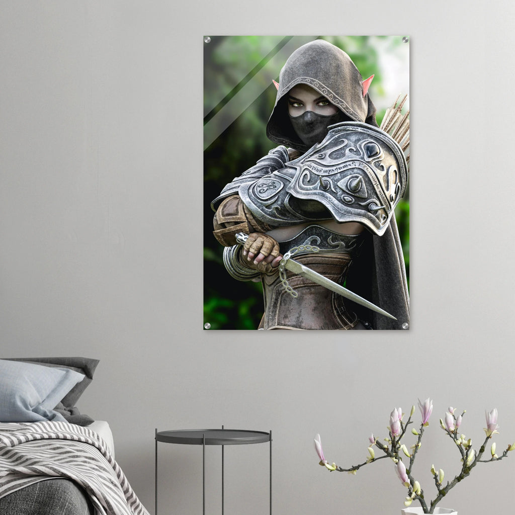Hooded Dark Elf Rogue Assassin wall art featuring a masked female elven warrior with emerald eyes, engraved silver armor, a razor-sharp dagger, and a quiver of arrows in an enchanted forest. Handcrafted fantasy artwork perfect for gaming rooms, RPG fans, and medieval fantasy décor.