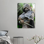 Hooded Dark Elf Rogue Assassin wall art featuring a masked female elven warrior with emerald eyes, engraved silver armor, a razor-sharp dagger, and a quiver of arrows in an enchanted forest. Handcrafted fantasy artwork perfect for gaming rooms, RPG fans, and medieval fantasy décor.