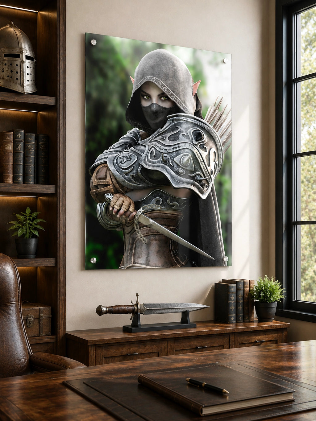Hooded Dark Elf Rogue Assassin wall art featuring a masked female elven warrior with emerald eyes, engraved silver armor, a razor-sharp dagger, and a quiver of arrows in an enchanted forest. Handcrafted fantasy artwork perfect for gaming rooms, RPG fans, and medieval fantasy décor.