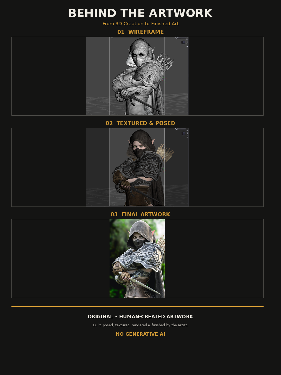 Behind the artwork showing the wireframe model, textured 3D scene, and finished hooded dark elf assassin fantasy artwork with armor, mask, quiver, and dagger.