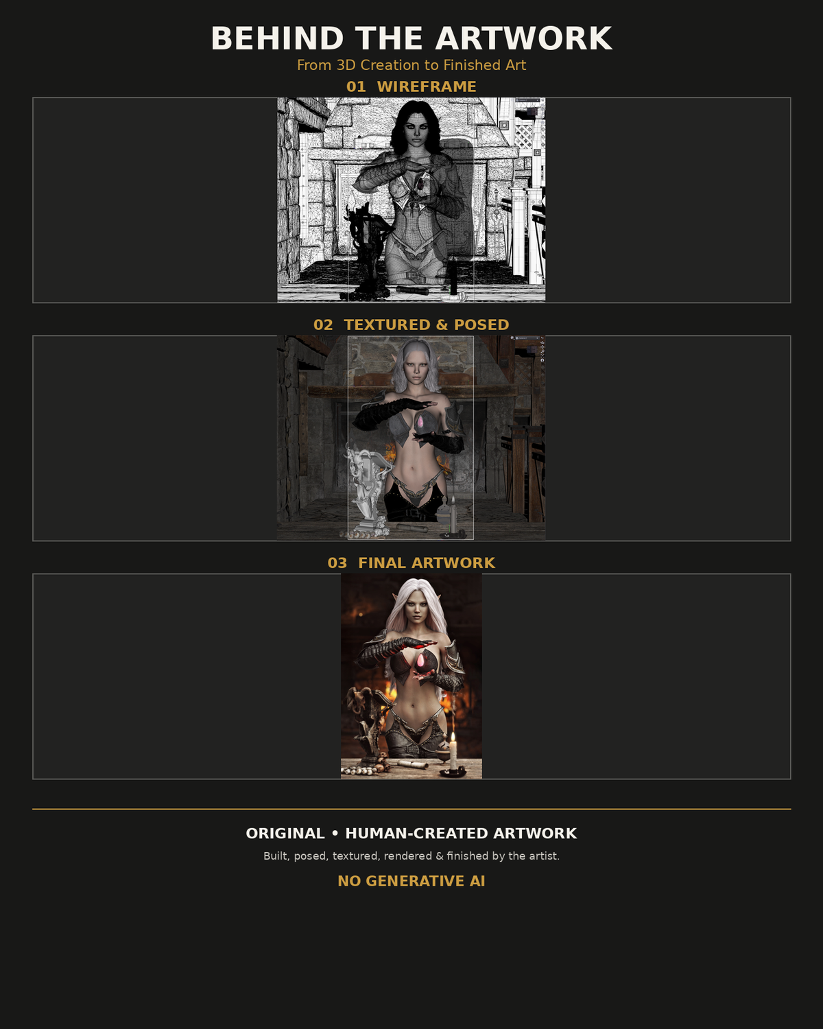 Behind the artwork showing the wireframe, textured and posed 3D scene, and finished dark elf sorceress artwork casting magic beside a candle, created and rendered by the artist at Digital Storm Cinema without generative AI.