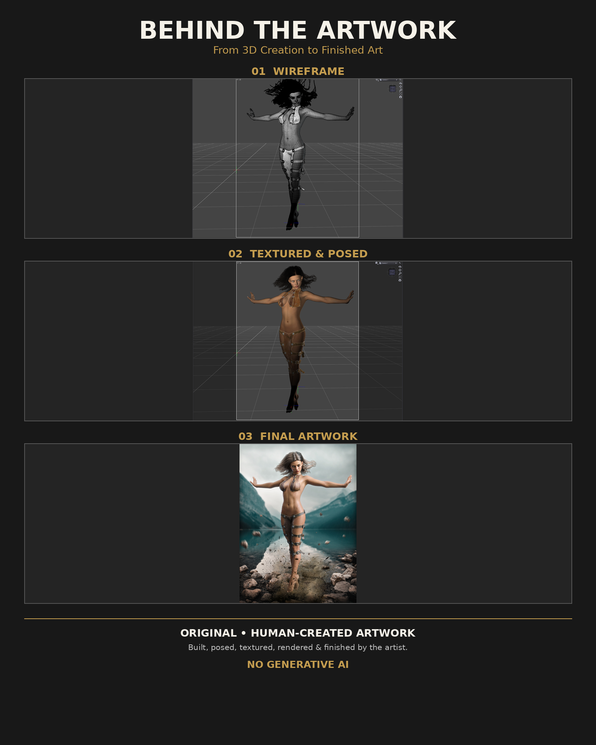 Behind the artwork showing the wireframe, textured and posed 3D model, and finished female fantasy mage artwork by Digital Storm Cinema, created without generative AI.