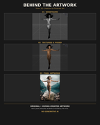 Behind the artwork showing the wireframe, textured and posed 3D model, and finished female fantasy mage at a mountain lake, created and rendered by the artist at Digital Storm Cinema without generative AI.