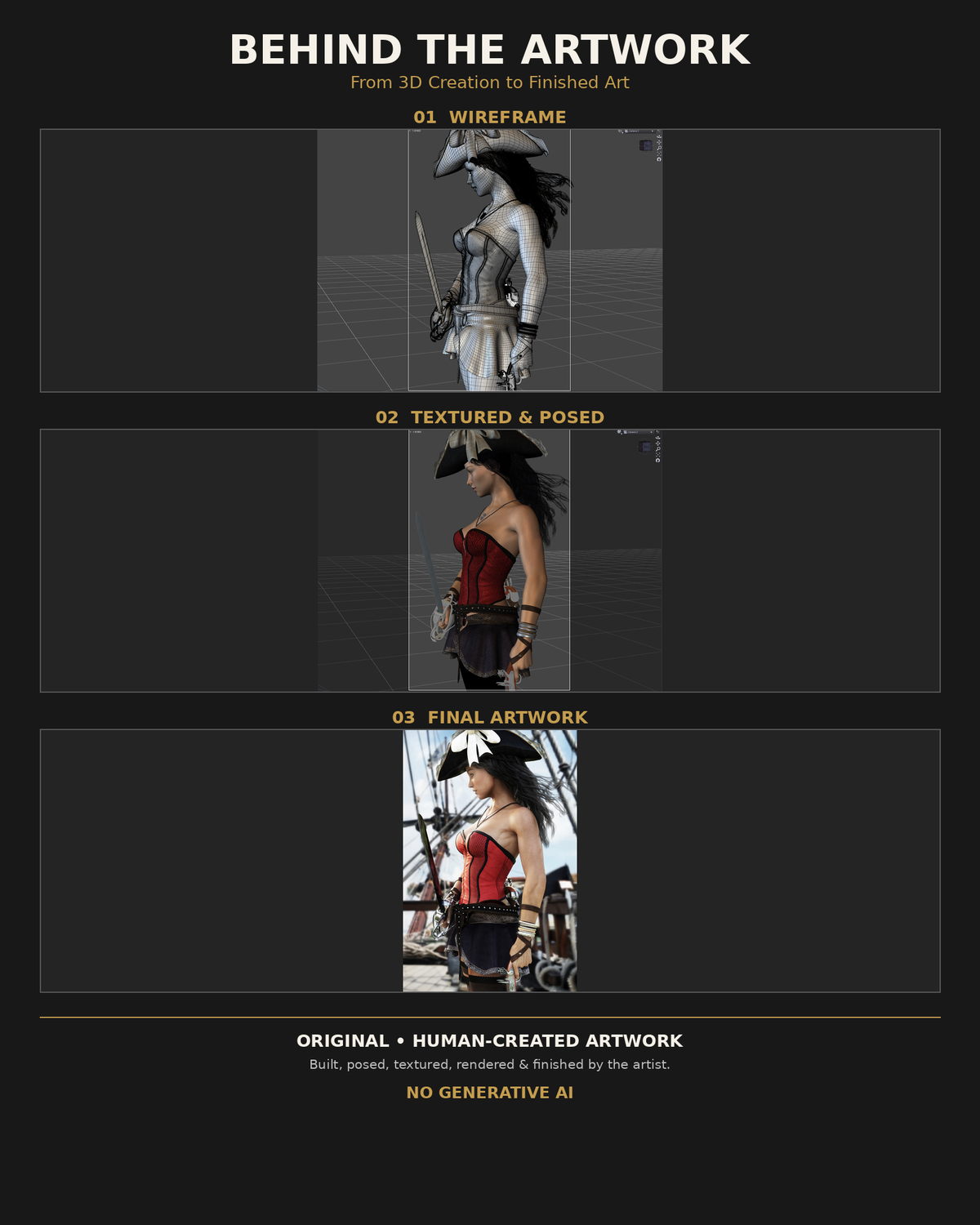 Behind the artwork showing the wireframe, textured and posed 3D model, and finished female pirate on a ship, created and rendered by the artist at Digital Storm Cinema without generative AI.