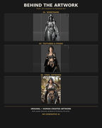 Behind the artwork showing the wireframe, textured and posed 3D model, and finished hooded female fantasy ranger artwork by Digital Storm Cinema, created without generative AI.