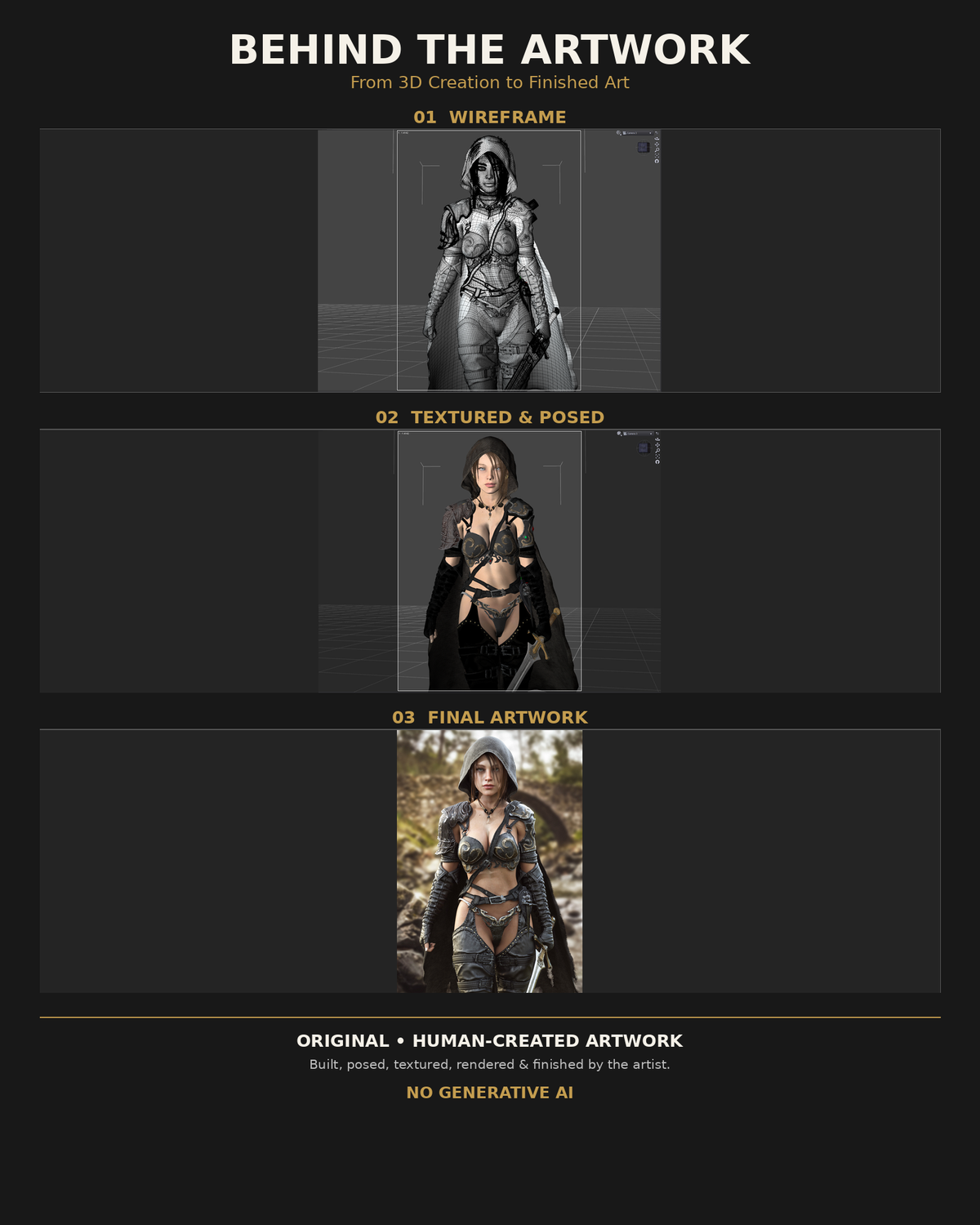 Behind the artwork showing the wireframe, textured and posed 3D model, and finished hooded female fantasy ranger artwork by Digital Storm Cinema, created without generative AI.