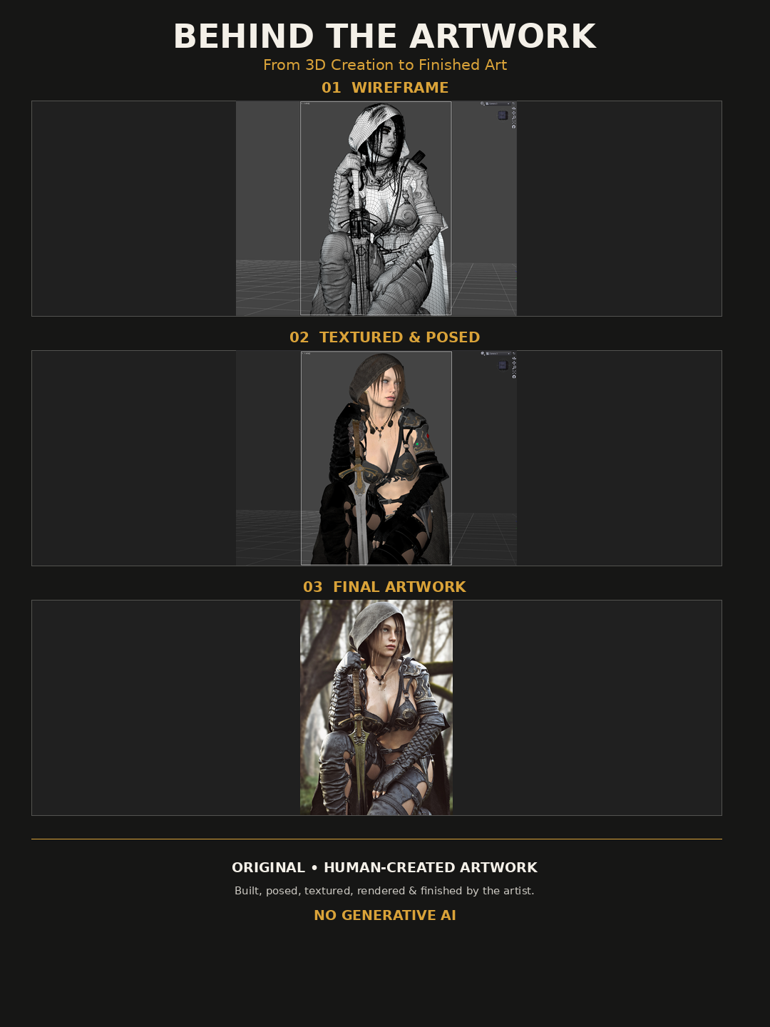 behind-the-artwork process showing the creation stages of the hooded female ranger fantasy artwork.
