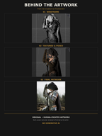 Behind the artwork showing the wireframe model, textured 3D scene, and finished hooded female fantasy warrior holding a sword, from 3D creation to final artwork.
