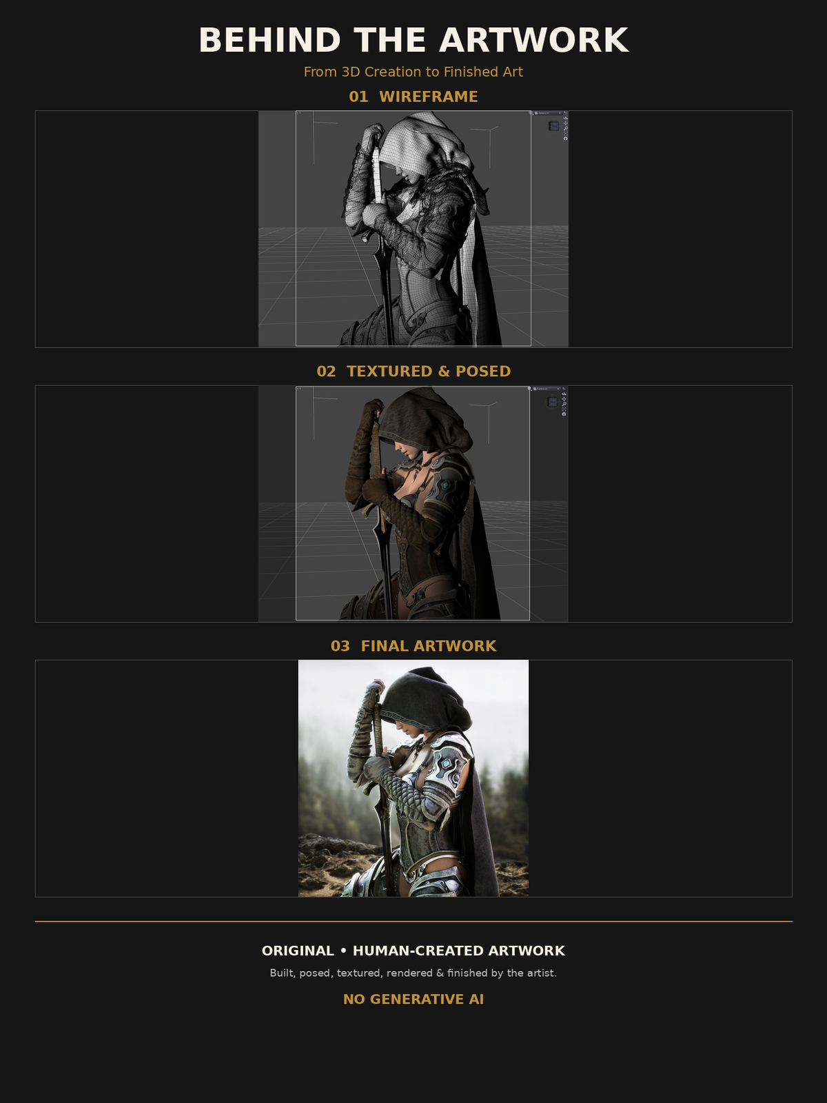 Behind the artwork showing the wireframe model, textured 3D scene, and finished hooded female fantasy warrior holding a sword, from 3D creation to final artwork.