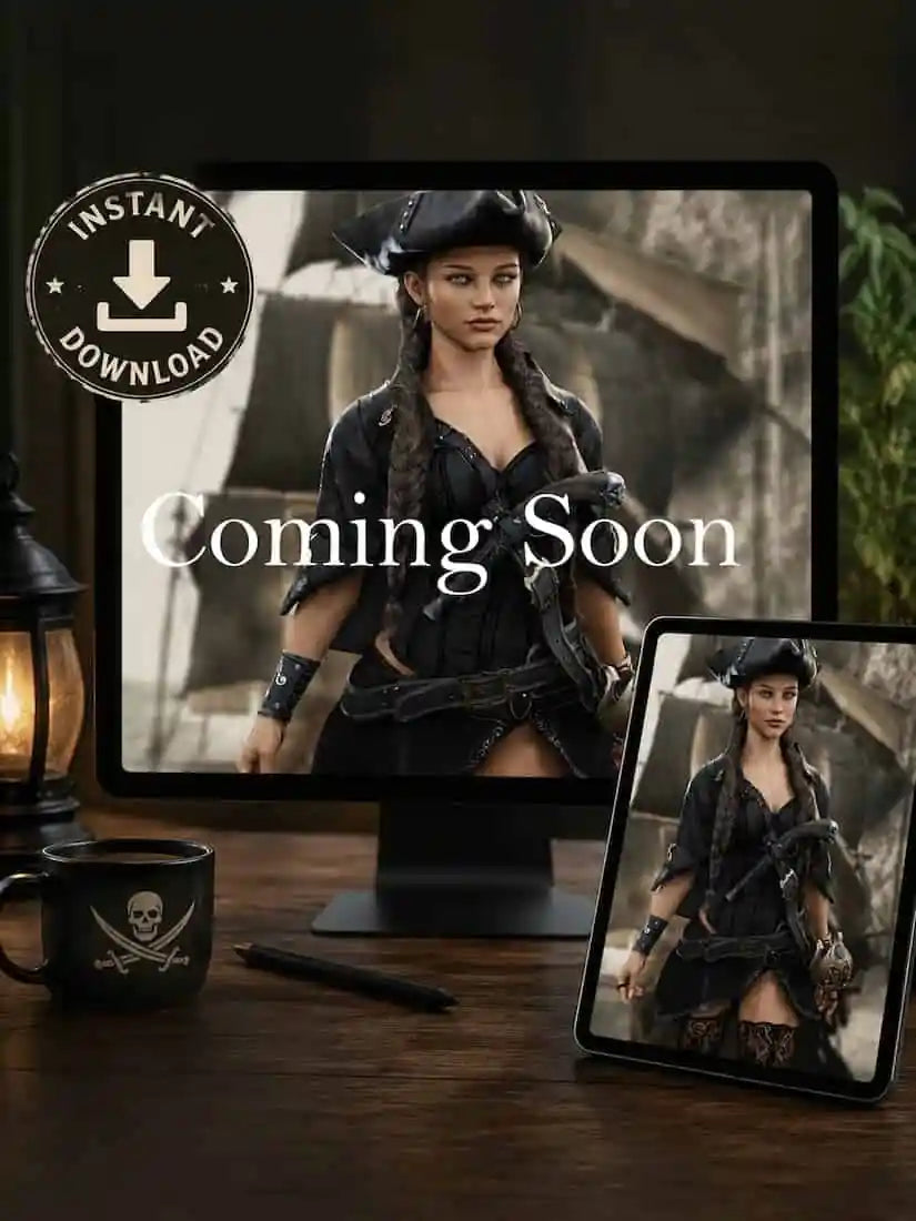 Digital download mockup featuring a fantasy female pirate displayed on a desktop monitor and tablet with an "Instant Download" badge, showcasing printable wall art for immediate purchase. The cinematic pirate artwork features a confident pirate captain standing before a historic sailing ship, making this high-resolution digital file perfect for home décor, gaming rooms, home offices, studios, and fantasy art collectors. Ideal for customers looking for instant printable fantasy wall art with no physical ship