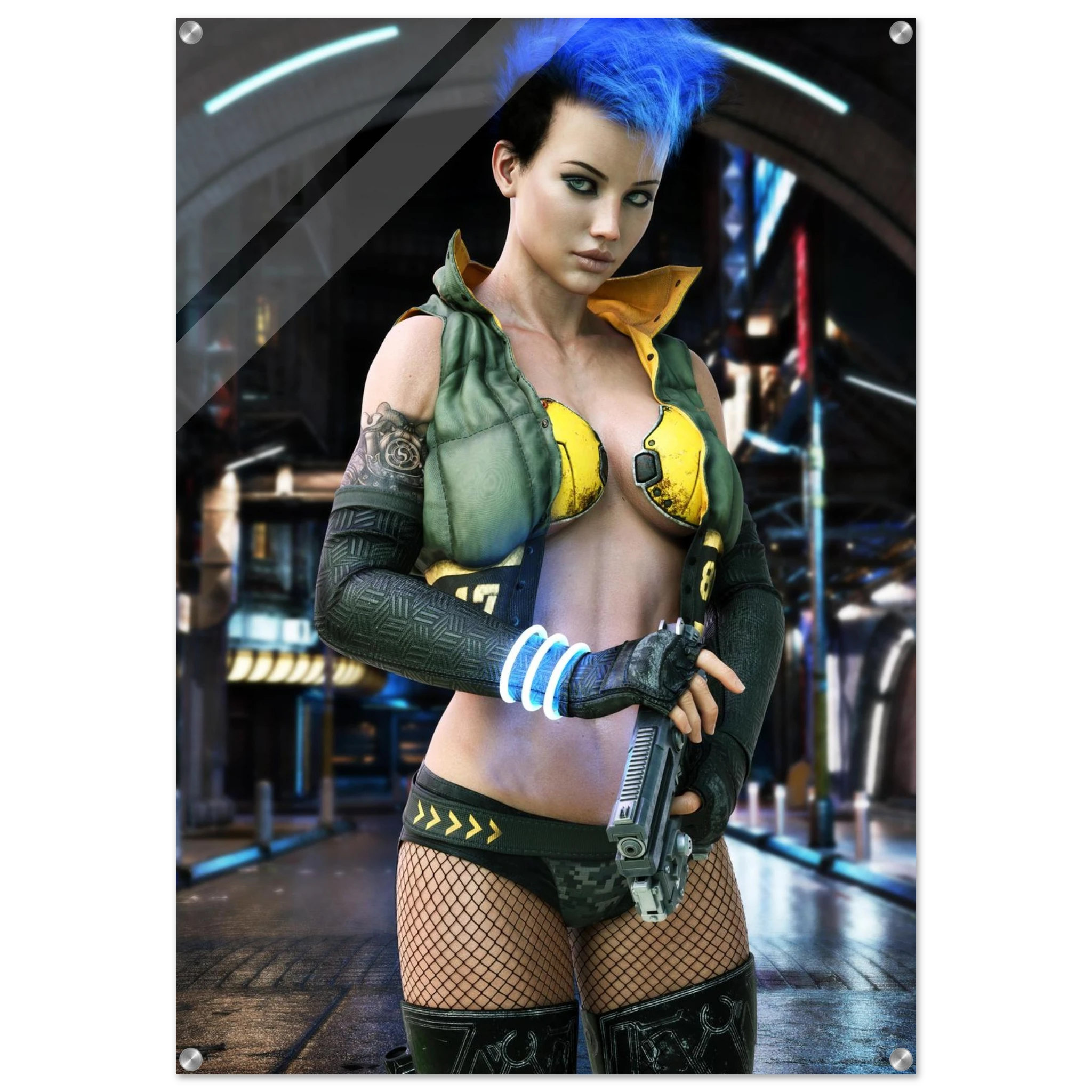 A vertical poster or print featuring a stylized female character with bright blue hair, wearing a green and yellow futuristic outfit, posed in a sci-fi corridor. The image has a white border and is shown against a light gray background.