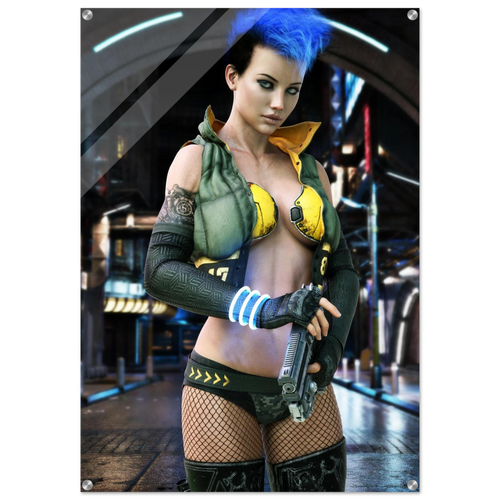 A vertical poster or print featuring a stylized female character with bright blue hair, wearing a green and yellow futuristic outfit, posed in a sci-fi corridor. The image has a white border and is shown against a light gray background.