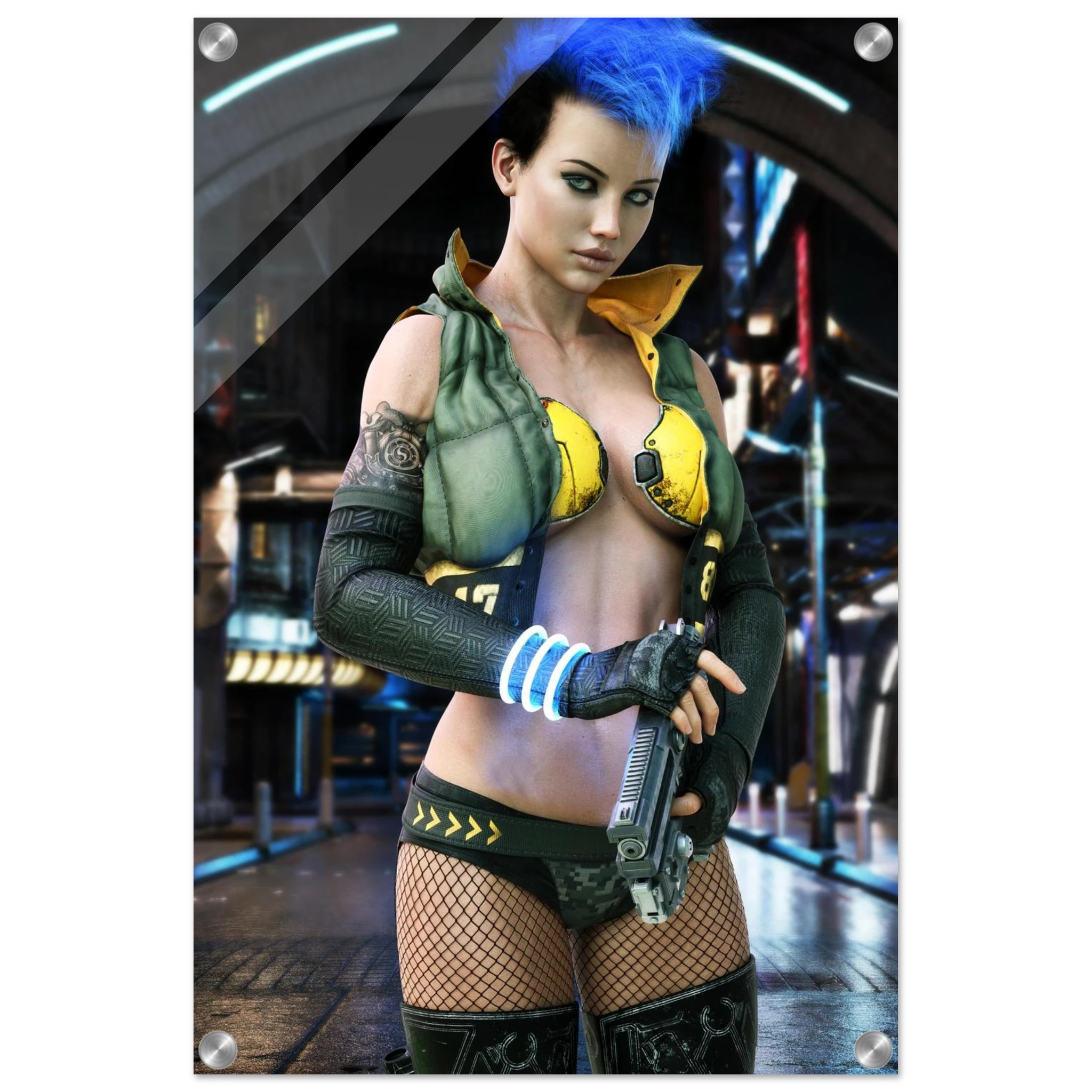 A vertical poster or print featuring a stylized cyberpunk female character with bright blue hair, a green vest, yellow bra, fishnet stockings, and a futuristic sci-fi interior background. The print is shown against a white surround with corner fasteners visible.