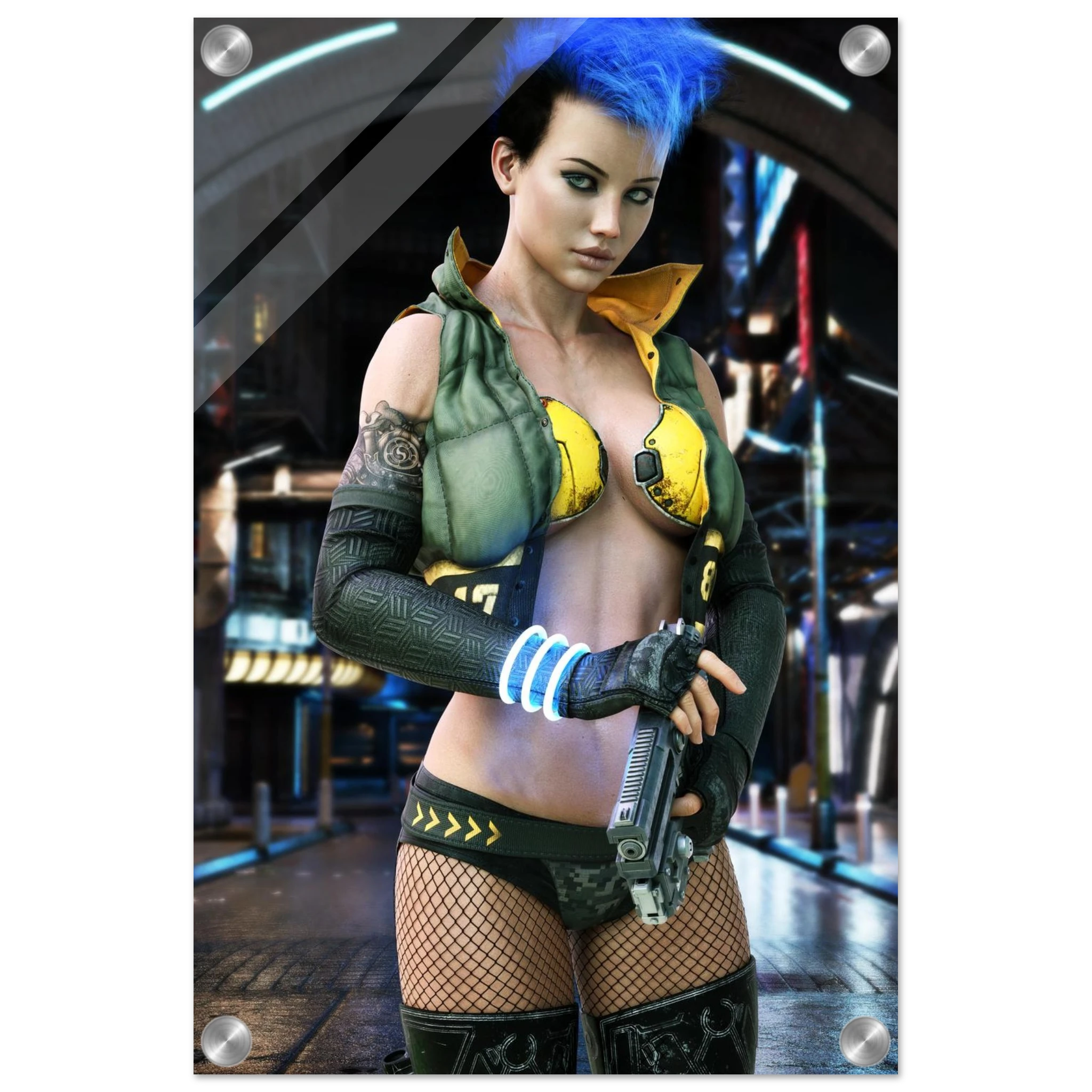 A vertical poster or print featuring a stylized cyberpunk female character with bright blue hair, a green vest, yellow bra, fishnet stockings, and a futuristic sci-fi interior background. The print is shown against a white surround with corner fasteners visible.