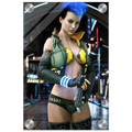 A vertical poster or print featuring a stylized female cyberpunk character with bright blue hair, wearing a green and yellow outfit, fishnet stockings, and holding a futuristic gun in a sci-fi city setting. The print is shown with a glossy glass-like finish and metallic corner mounts.