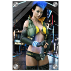 A vertical poster or print featuring a stylized female cyberpunk character with bright blue hair, wearing a green and yellow outfit, fishnet stockings, and holding a futuristic gun in a sci-fi city setting. The print is shown with a glossy glass-like finish and metallic corner mounts.