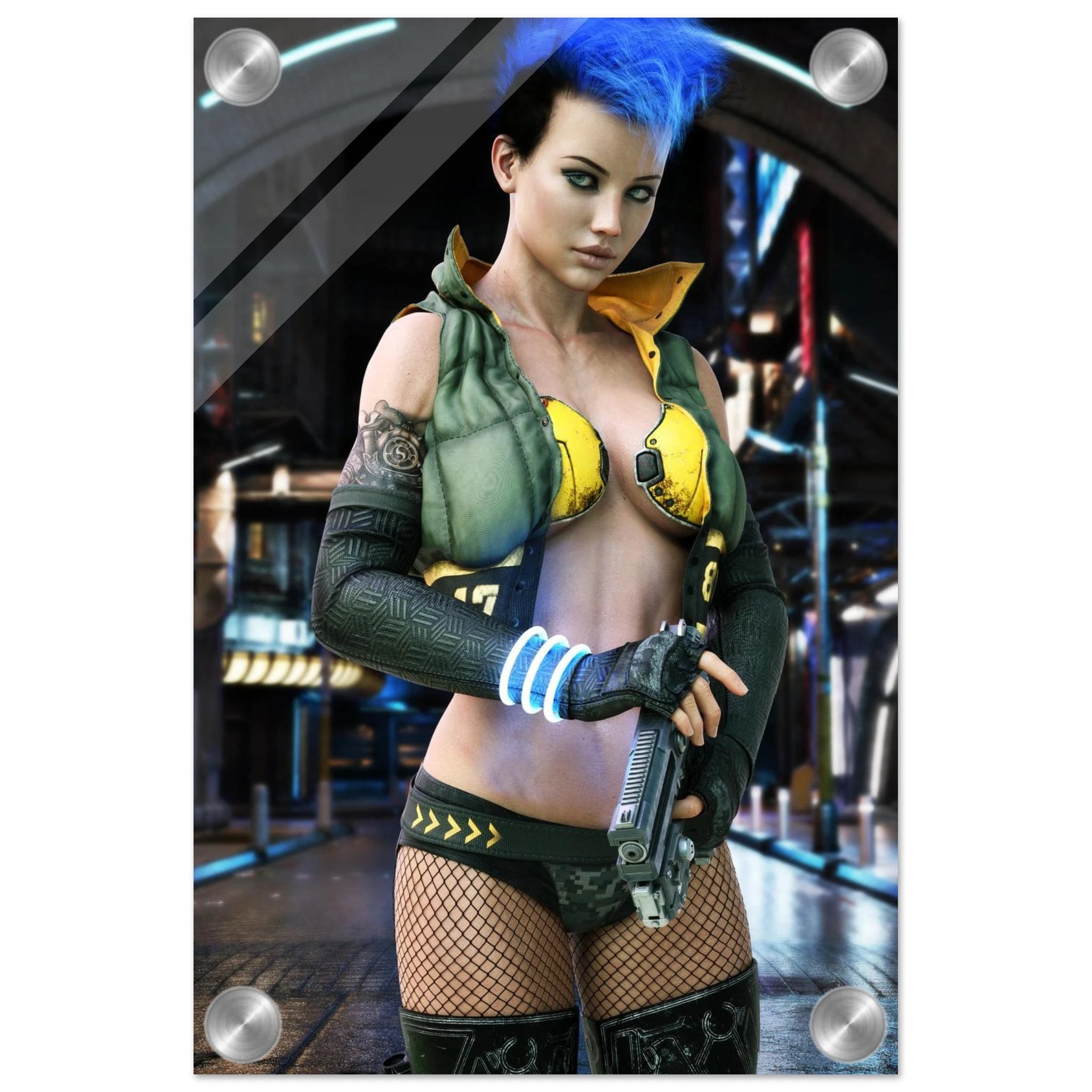 A vertical poster or print featuring a stylized female cyberpunk character with bright blue hair, wearing a green and yellow outfit, fishnet stockings, and holding a futuristic gun in a sci-fi city setting. The print is shown with a glossy glass-like finish and metallic corner mounts.