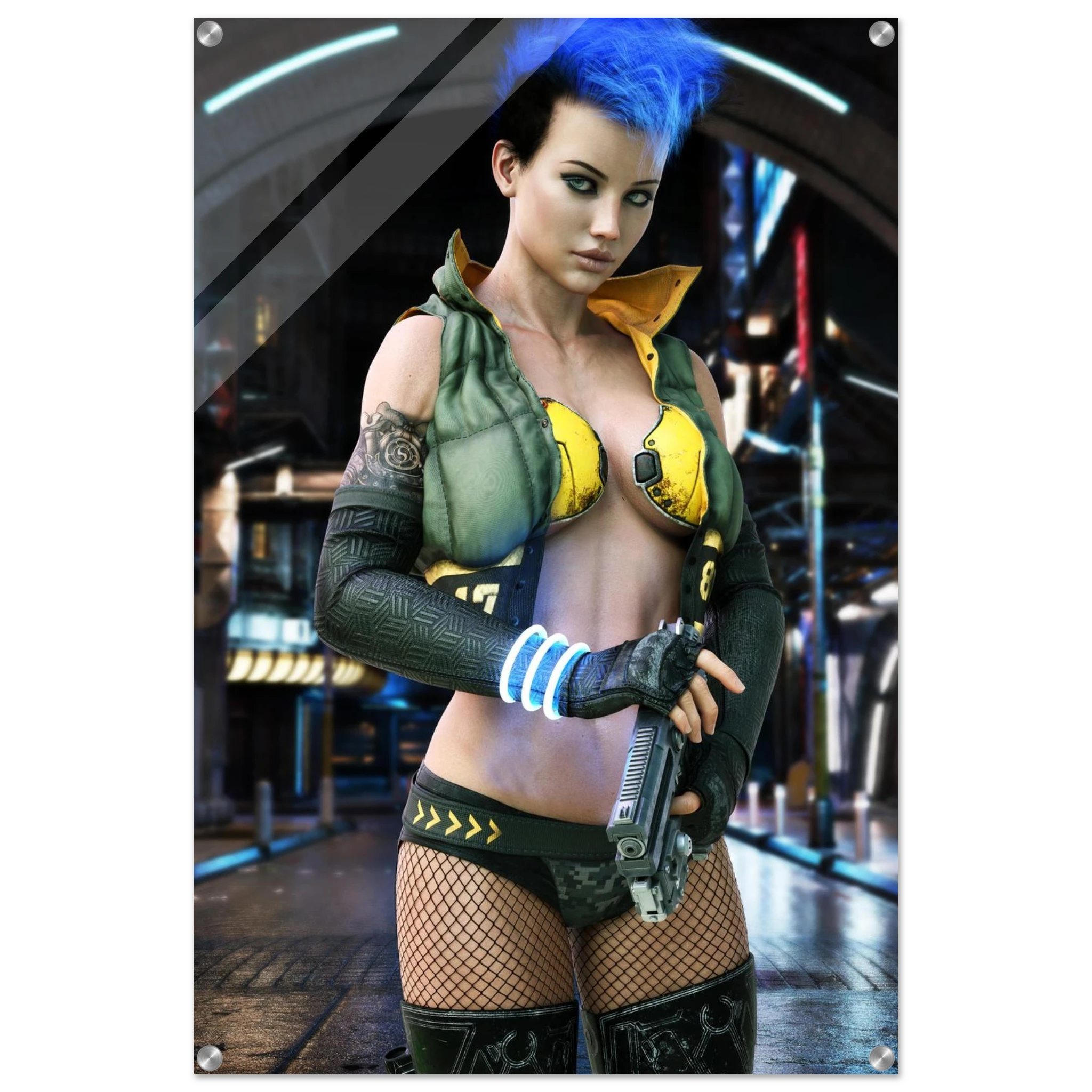 A vertical poster or print featuring a stylized futuristic female character with bright blue hair, a green vest, yellow bra elements, fishnet stockings, and a gun, shown against a sci-fi city background. The print is displayed with a white border and visible metal corner brackets.