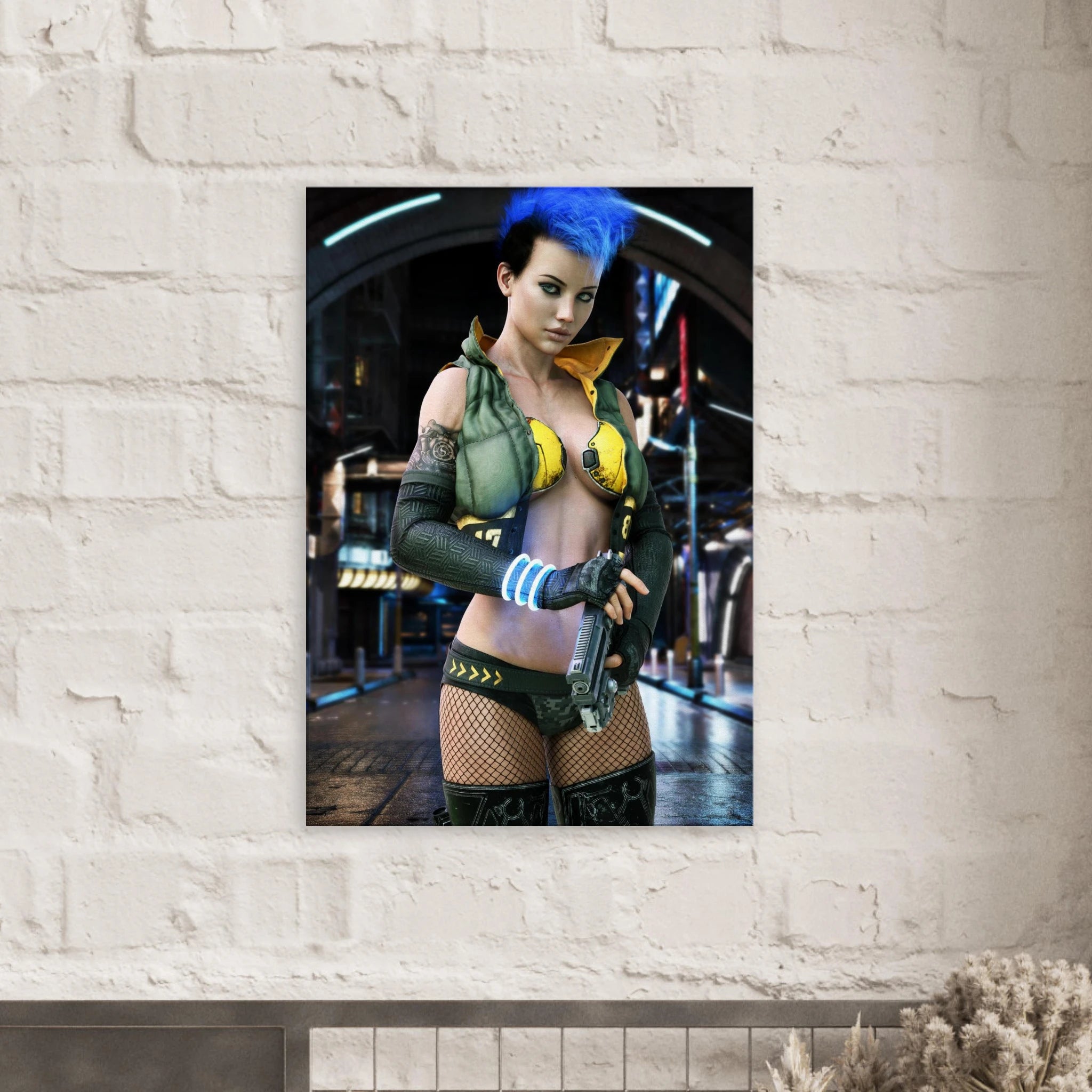 A vertical wall art print featuring a stylized sci-fi female character with bright blue hair, displayed on a white brick wall.