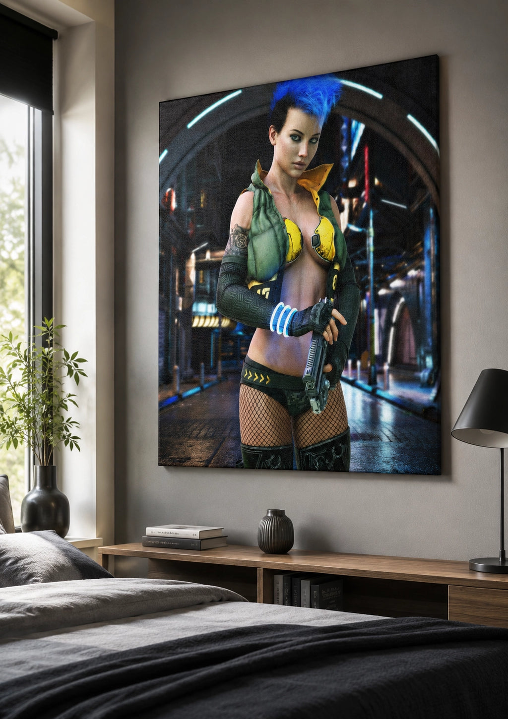 A large vertical canvas wall art print depicting a futuristic cyberpunk-style woman with bright blue hair, hanging on a gray wall above a wooden console table in a modern bedroom setting.
