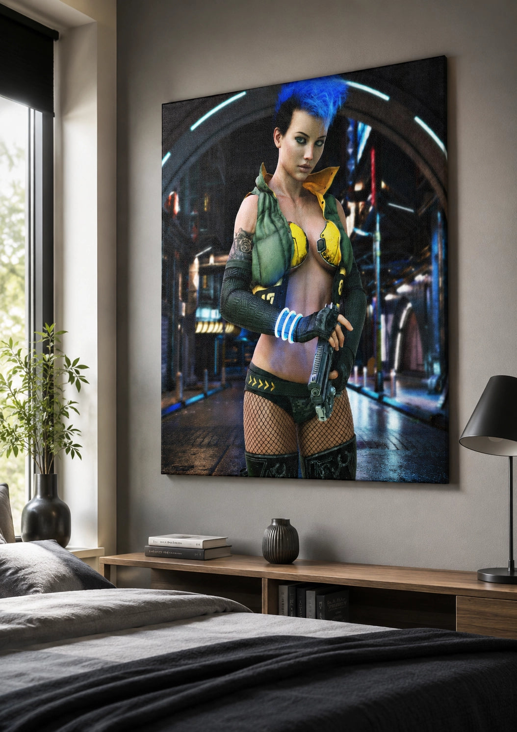 A large vertical canvas wall art print depicting a futuristic cyberpunk-style woman with bright blue hair, hanging on a gray wall above a wooden console table in a modern bedroom setting.