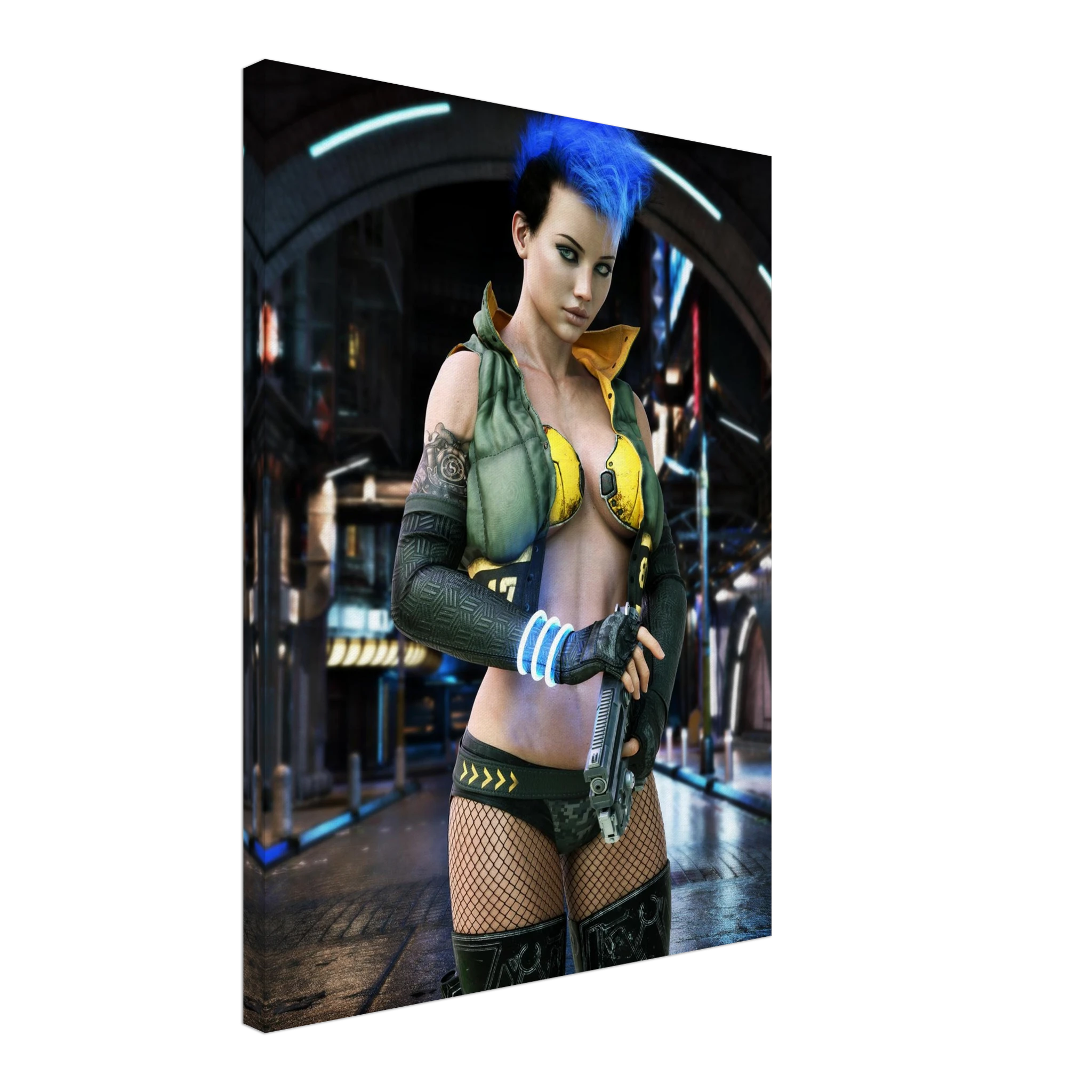A rectangular wall art print or canvas showing a stylized futuristic woman with bright blue hair, wearing a green and yellow outfit and holding a gun, photographed against a plain white background.