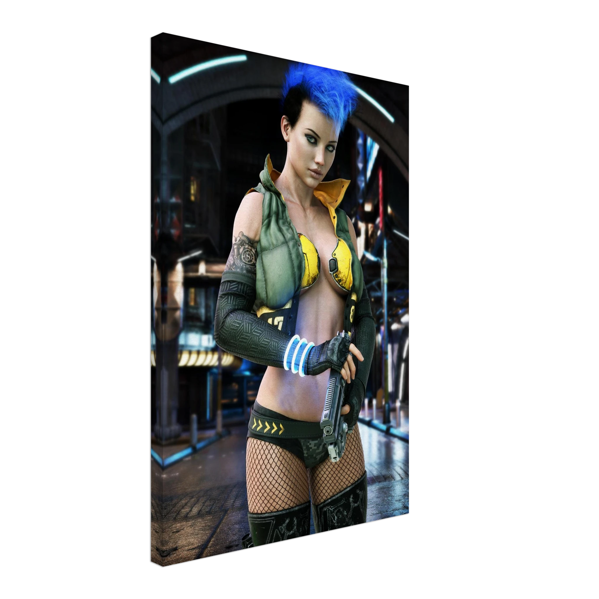 A rectangular wall art print or canvas showing a stylized futuristic woman with bright blue hair, holding a gun, photographed against a plain white background.