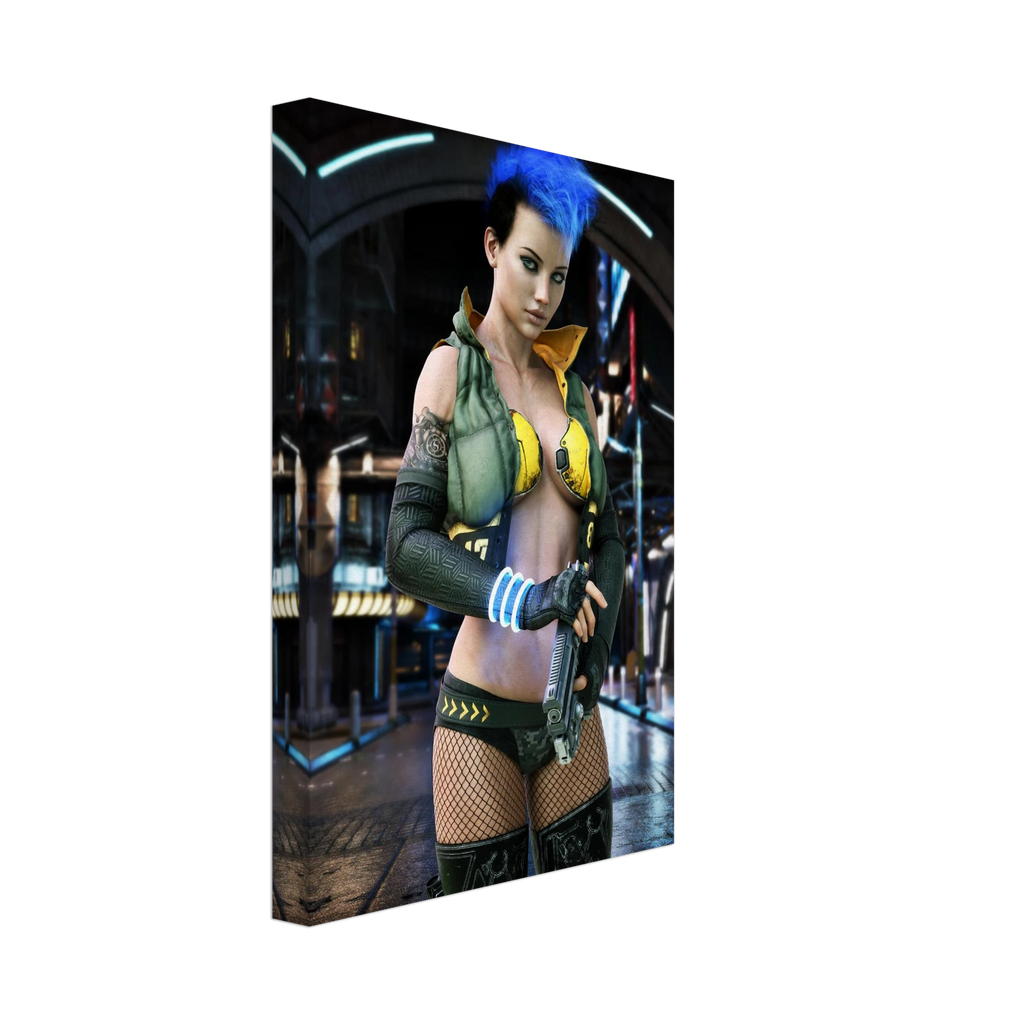 A rectangular wall art print or canvas shown at an angle on a white background, featuring a stylized futuristic woman with bright blue hair, a yellow-and-black bikini-style outfit, fishnet stockings, and a gun in a sci-fi city setting.
