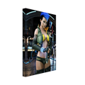 A rectangular wall art print or canvas shown at an angle on a white background, featuring a stylized futuristic woman with bright blue hair, a yellow-and-black bikini-style outfit, fishnet stockings, and a gun in a sci-fi city setting.