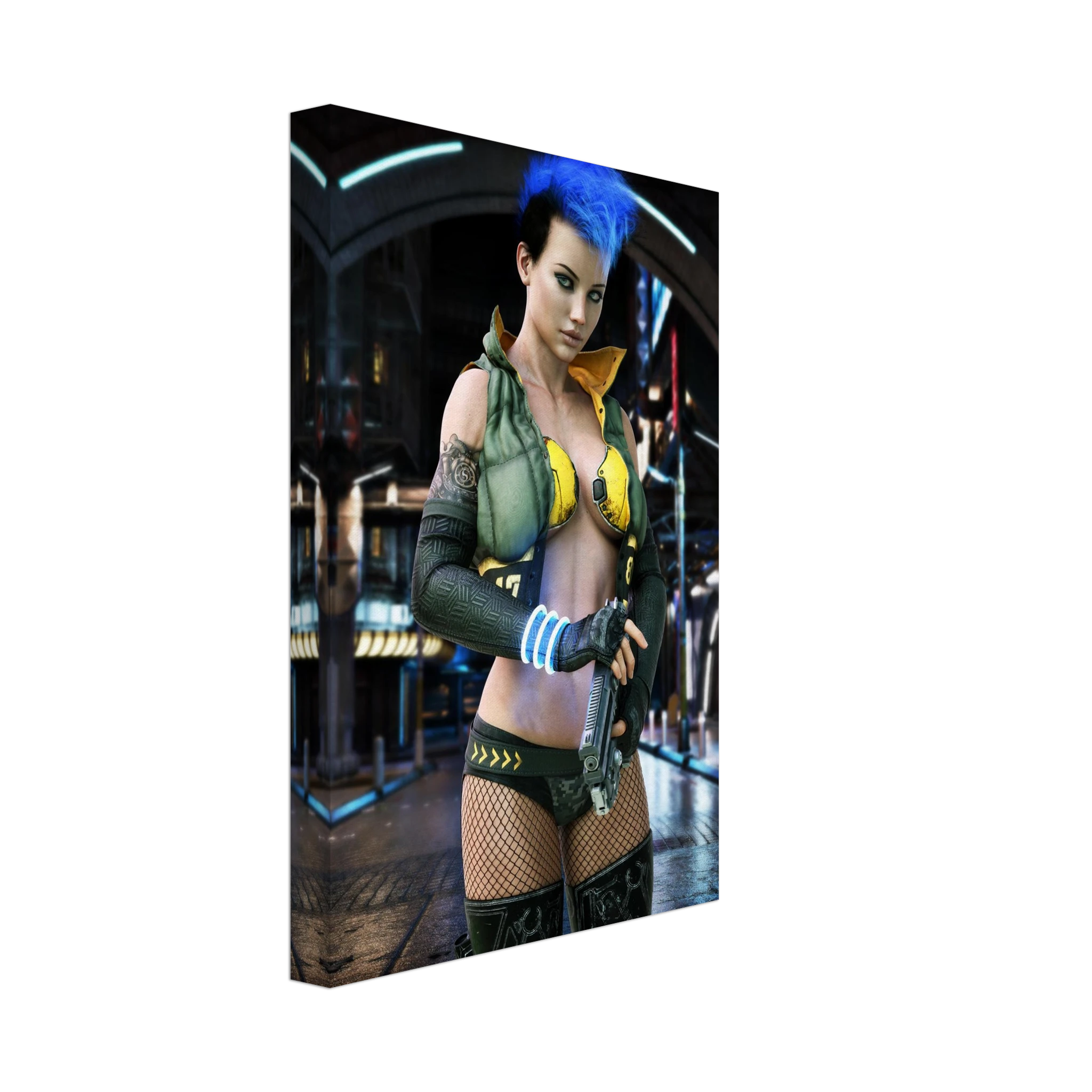 A rectangular wall art print or canvas shown at an angle on a white background, featuring a stylized futuristic woman with bright blue hair, a yellow-and-black bikini-style outfit, fishnet stockings, and a gun in a sci-fi city setting.