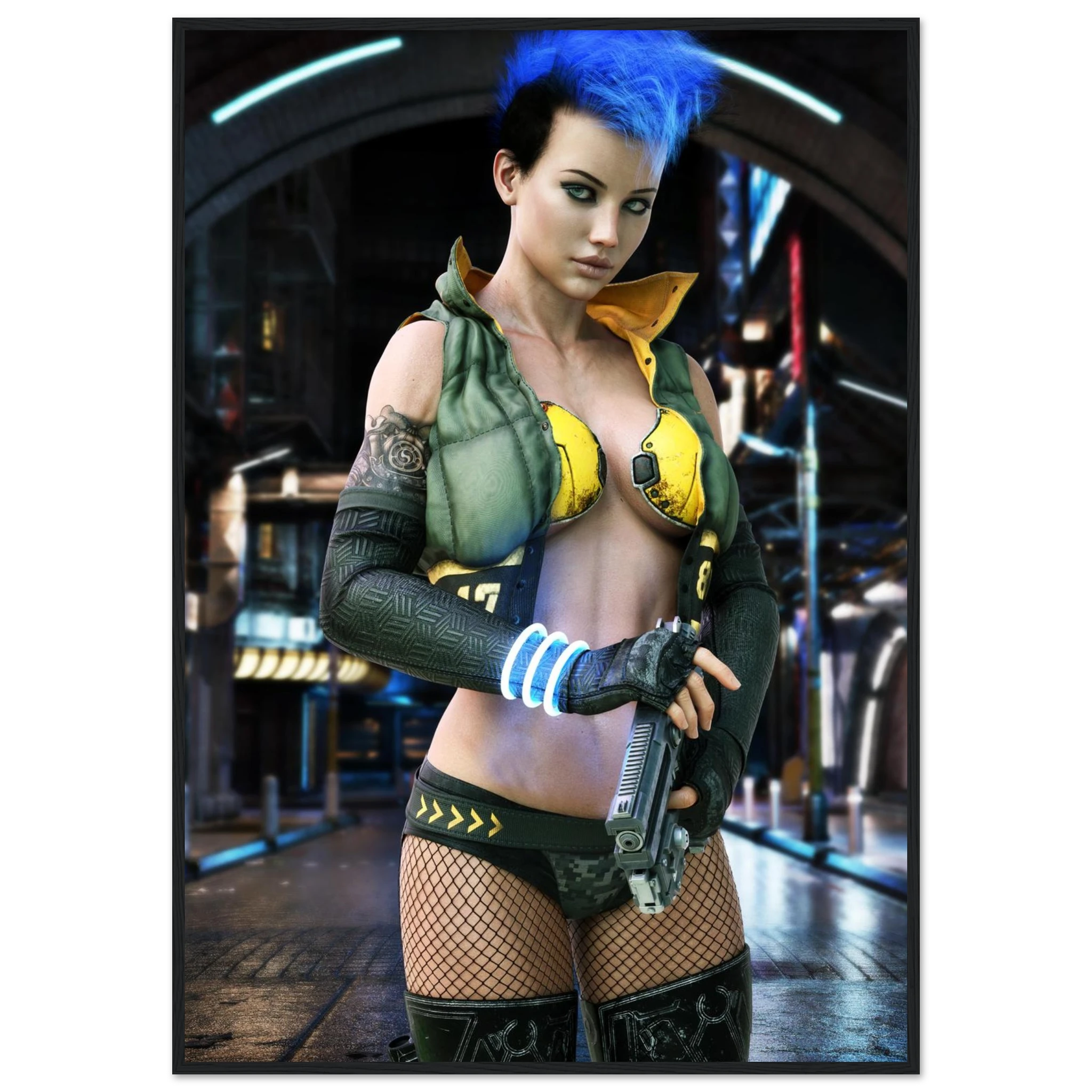 A vertical poster or print featuring a stylized sci-fi female character with bright blue hair, wearing a green and yellow cropped top, black fishnet stockings, and holding a futuristic gun in a sci-fi interior setting.