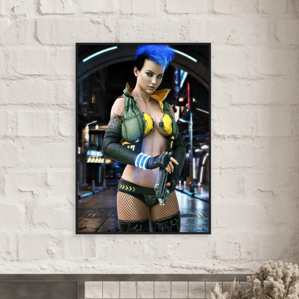 A framed vertical art print featuring a cyberpunk-style female character with bright blue hair, displayed on a white brick wall.