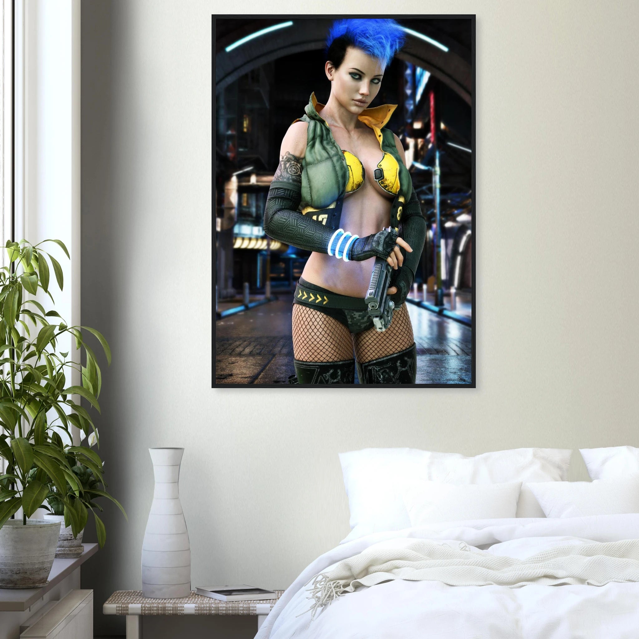 A framed wall art print depicting a stylized cyberpunk woman with bright blue hair, a yellow and green outfit, and a futuristic city scene, displayed above a bed in a modern bedroom setting.