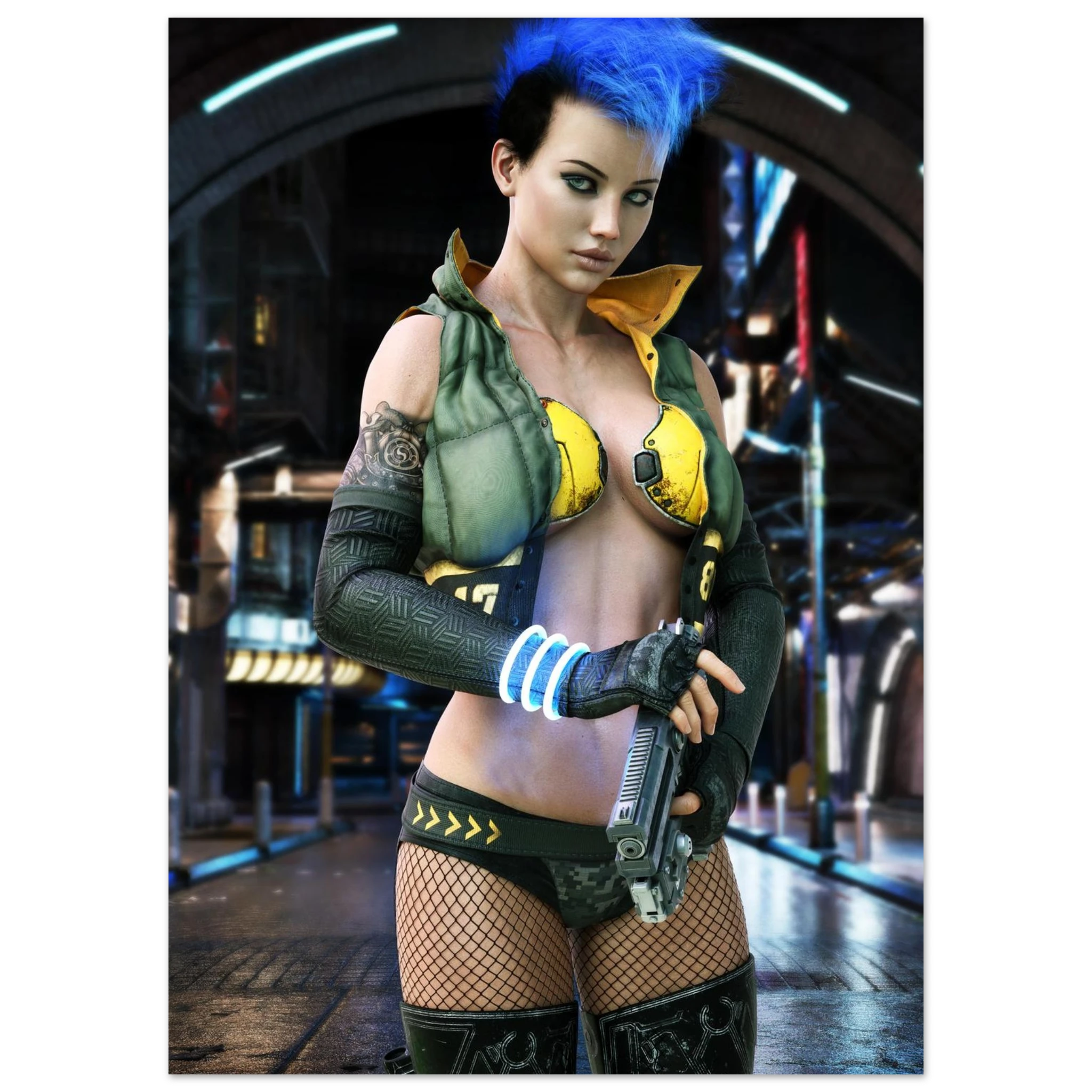 A stylized poster or print featuring a futuristic woman with bright blue hair, wearing a green and yellow armored top, fishnet stockings, and gloves, posed in a sci-fi city setting with a gun.