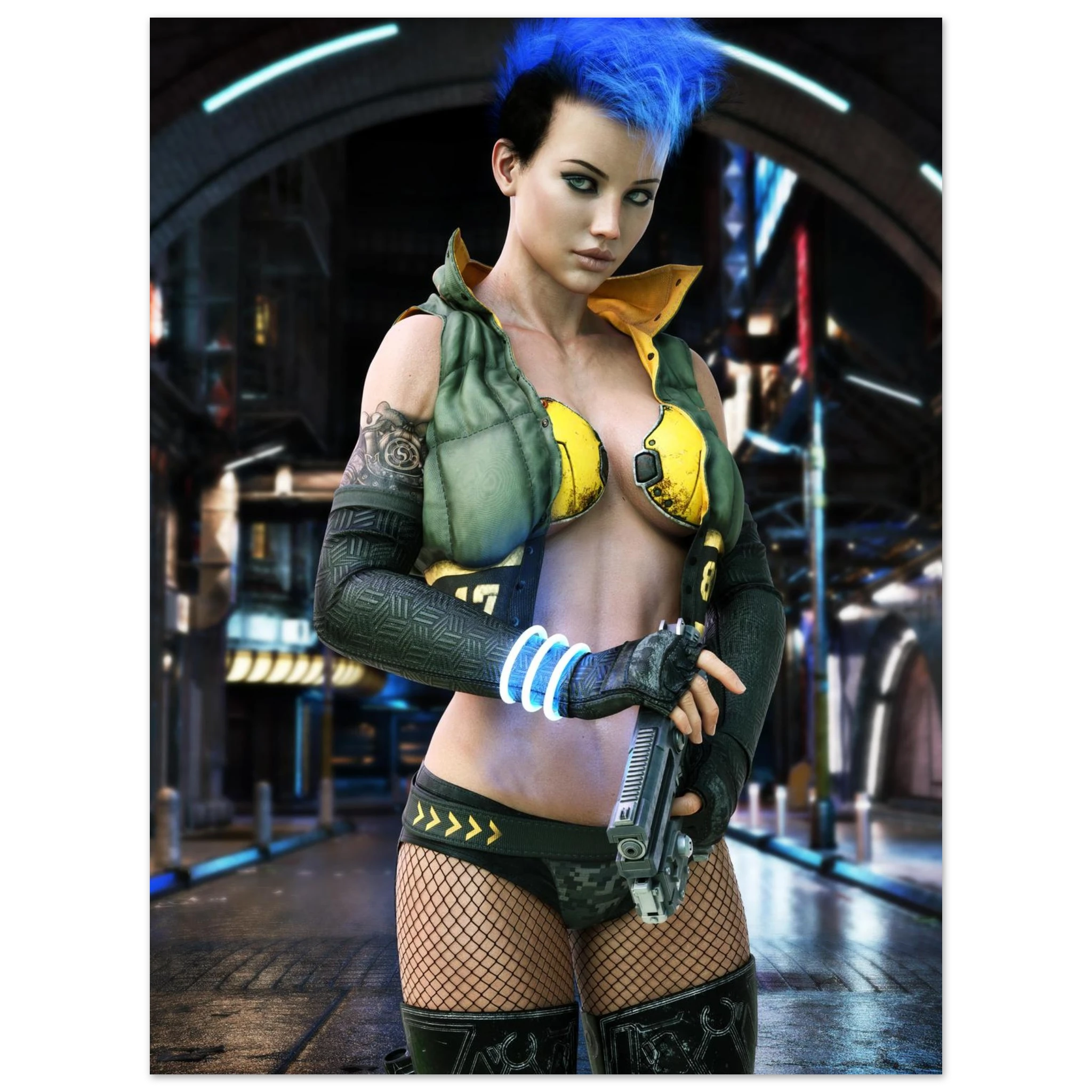 A woman in a futuristic cyberpunk-style outfit with bright blue hair, holding a gun in a sci-fi city setting. She wears a green vest, yellow bra top, black fishnet stockings, and black gloves.