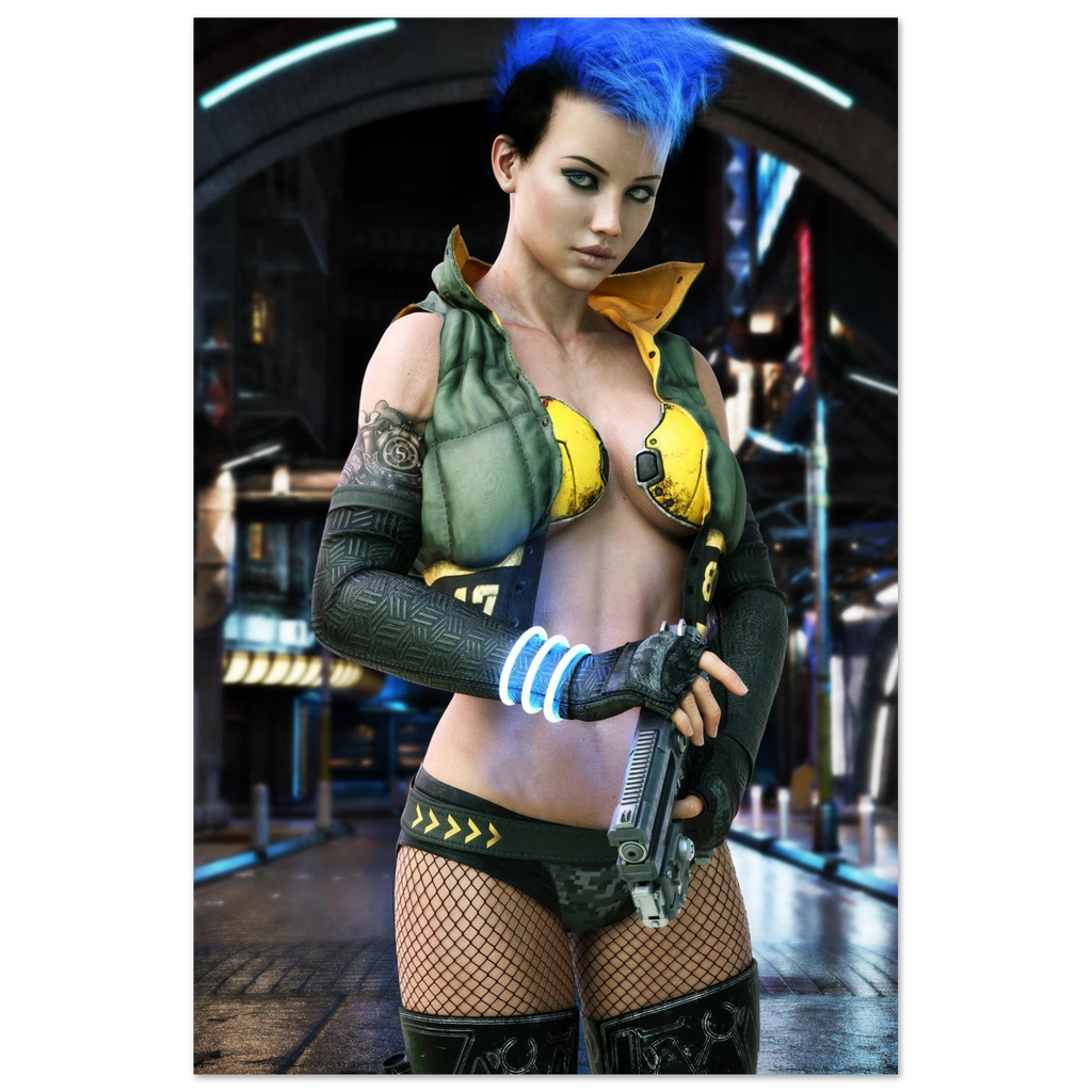A poster or print featuring a stylized cyberpunk female character with bright blue hair, wearing a green and yellow futuristic outfit and holding a gun, set against a sci-fi city scene.