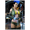 A poster or print featuring a stylized cyberpunk female character with bright blue hair, wearing a green and yellow futuristic outfit and holding a gun, set against a sci-fi city scene.