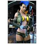 A poster or print featuring a stylized cyberpunk female character with bright blue hair, wearing a green and yellow futuristic outfit and holding a gun, set against a sci-fi city scene.