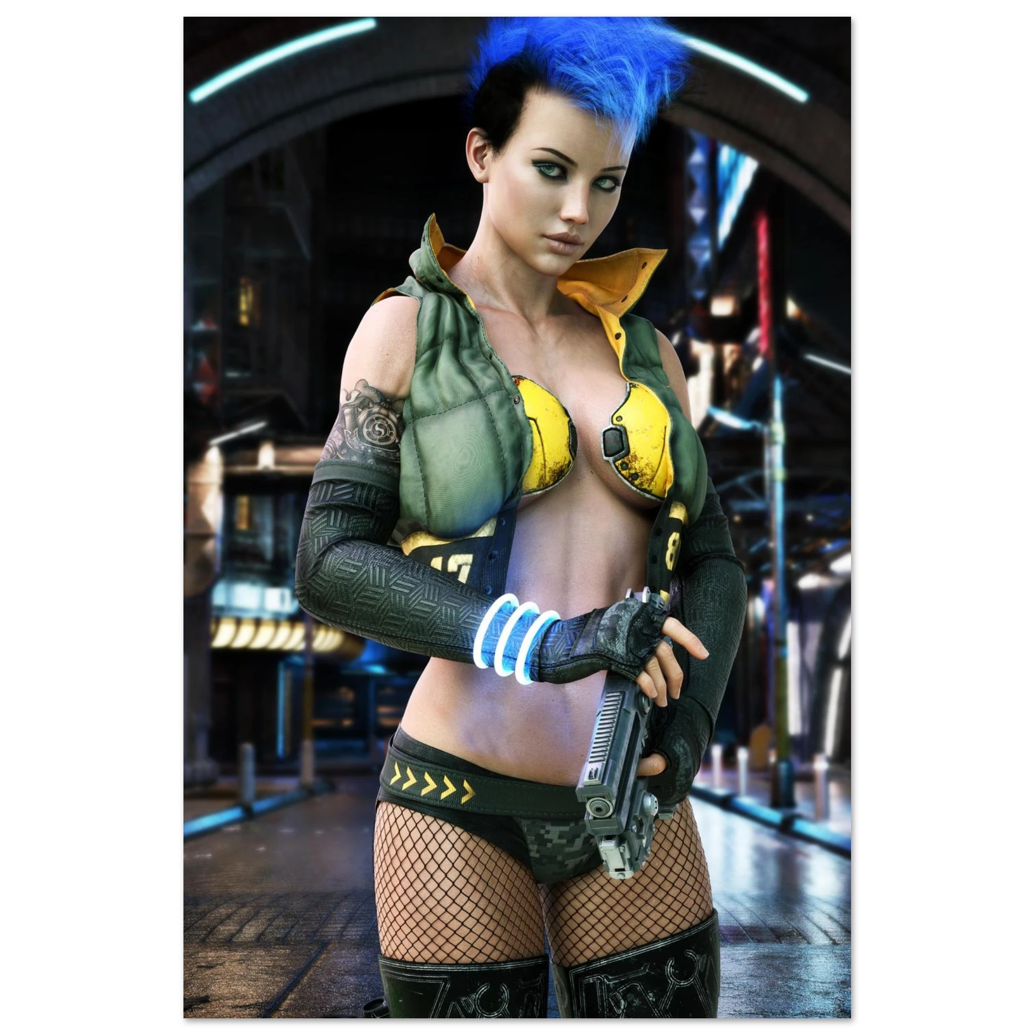 A poster or print featuring a stylized cyberpunk female character with bright blue hair, wearing a green and yellow futuristic outfit and holding a gun, set against a sci-fi city scene.