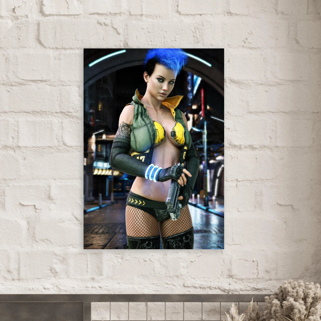 A vertical wall art print featuring a stylized cyberpunk woman with bright blue hair, green and yellow outfit details, and a futuristic city scene, displayed on a white brick wall.